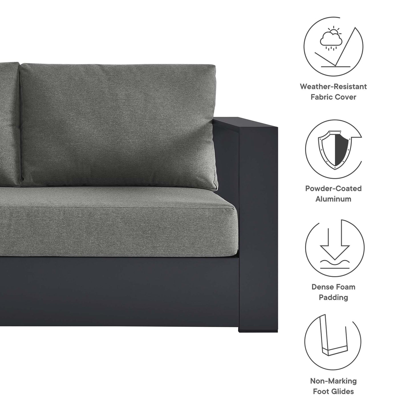 Grey 3-piece outdoor sectional sofa set with a dark powder-coated aluminum frame, weather-resistant fabric, dense foam padding, and non-marking feet.