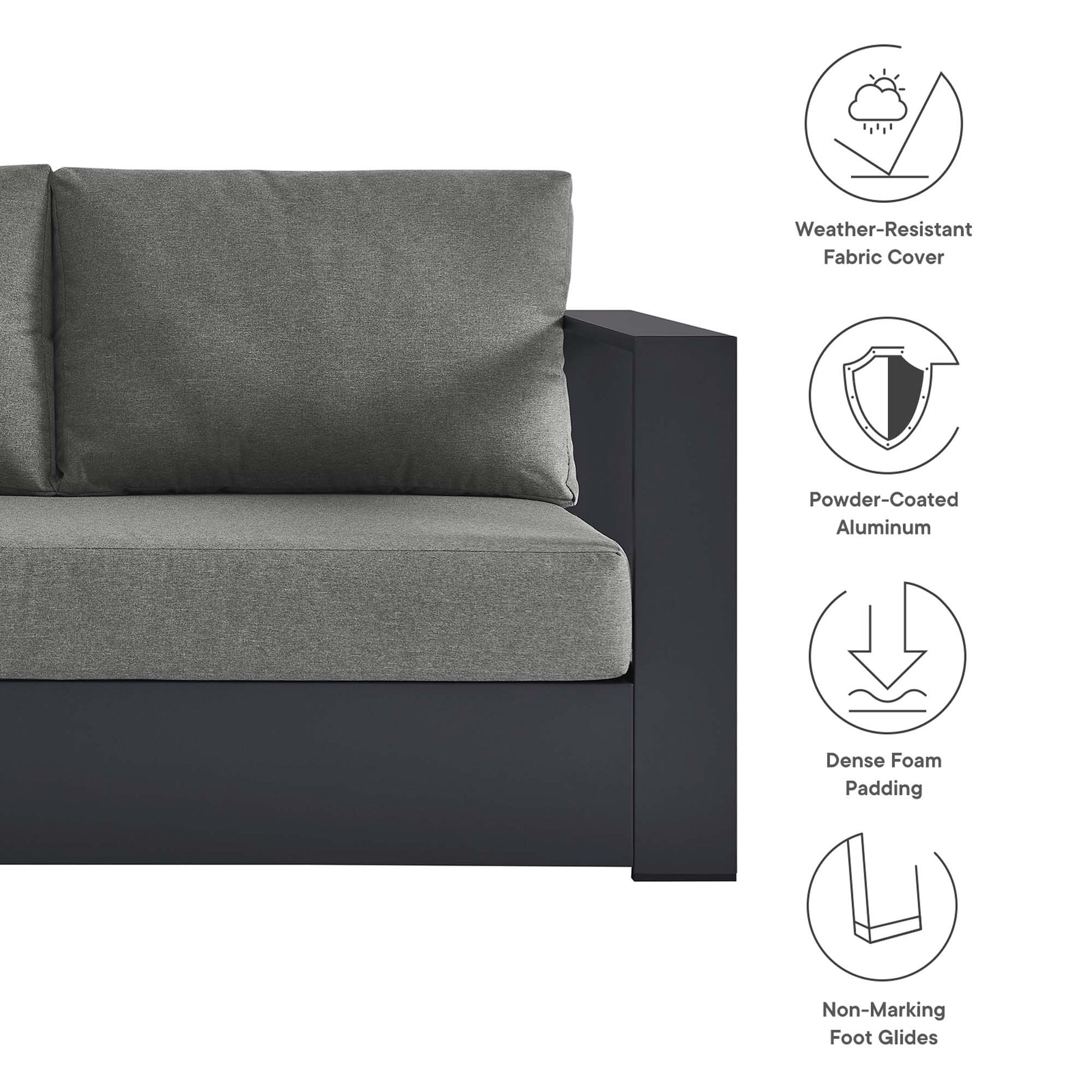 Grey 3-piece outdoor sectional sofa set with a dark powder-coated aluminum frame, weather-resistant fabric, dense foam padding, and non-marking feet.