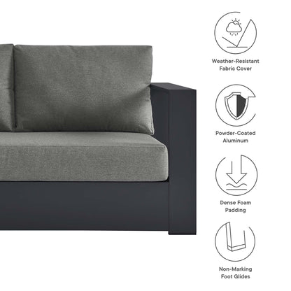 Grey 3-piece outdoor sectional sofa set with a dark powder-coated aluminum frame, weather-resistant fabric, dense foam padding, and non-marking feet.