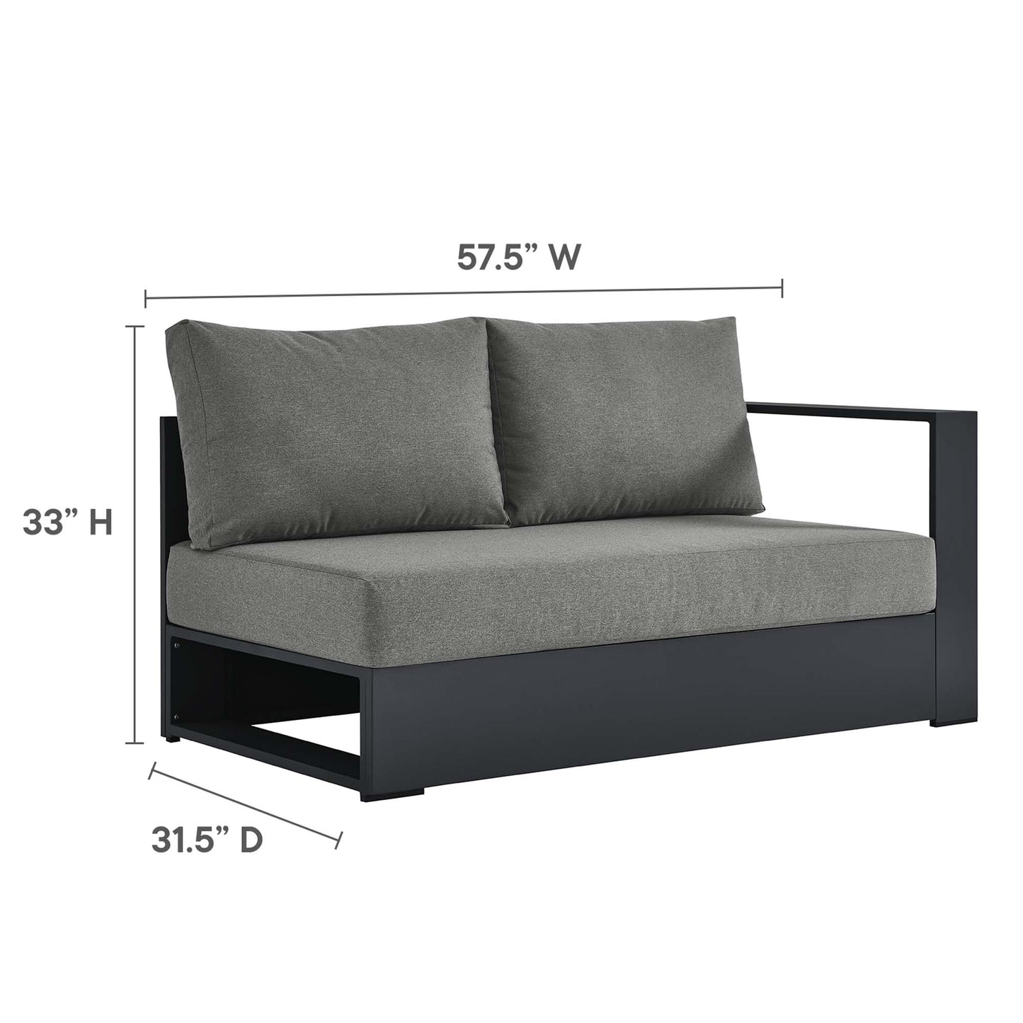 Three-piece outdoor sectional sofa set with a dark powder-coated aluminum frame and gray cushions; 57.5"W x 33"H x 31.5"D.