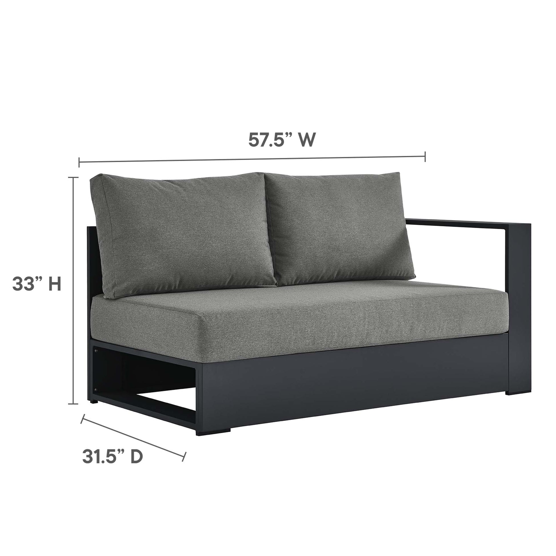 Three-piece outdoor sectional sofa set with a dark powder-coated aluminum frame and gray cushions; 57.5"W x 33"H x 31.5"D.
