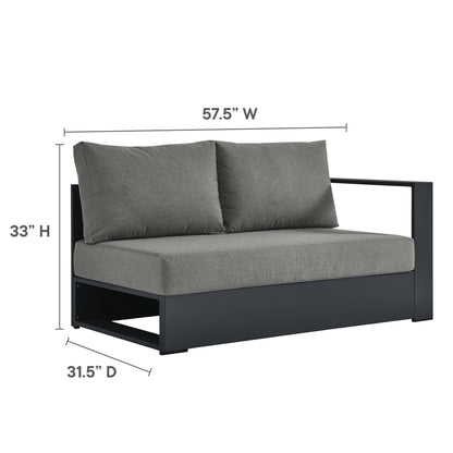 Three-piece outdoor sectional sofa set with a dark powder-coated aluminum frame and gray cushions; 57.5"W x 33"H x 31.5"D.
