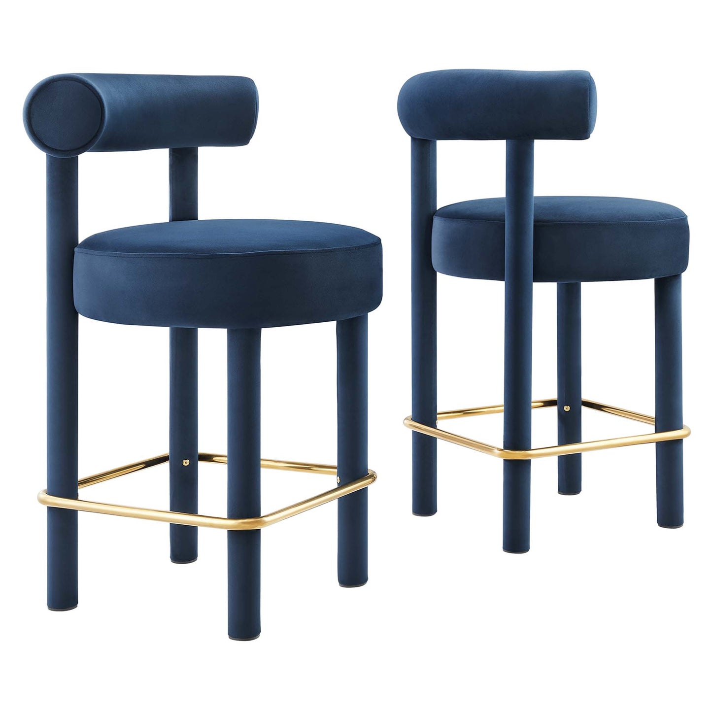 Pair of gold velvet counter stools with round seats, cylindrical backrests, and gold metal foot rails.