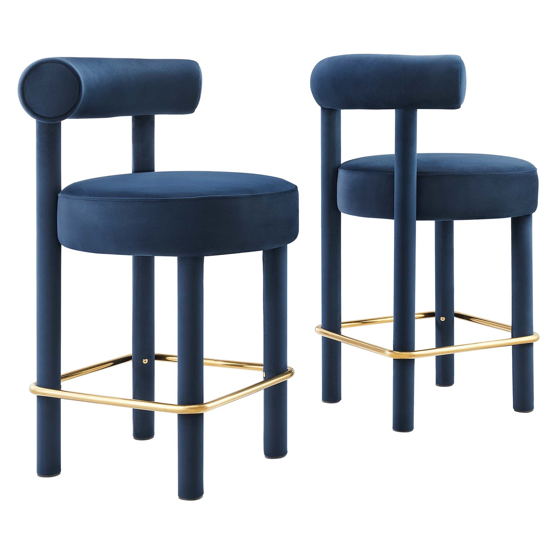 Pair of gold velvet counter stools with round seats, cylindrical backrests, and gold metal foot rails.