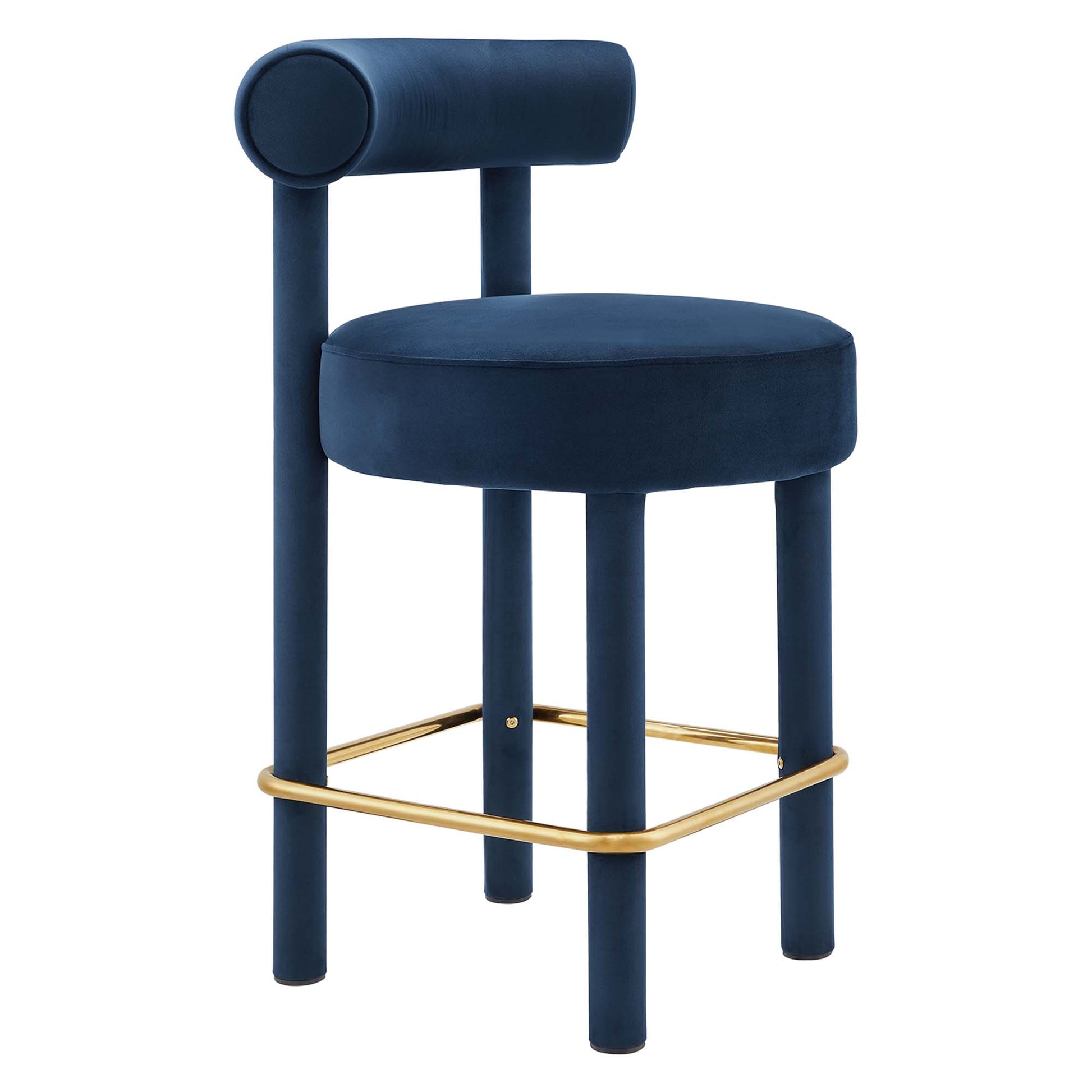 Gold velvet round-seat counter stool with cylindrical back pad; set of 2 with gold square footrest.