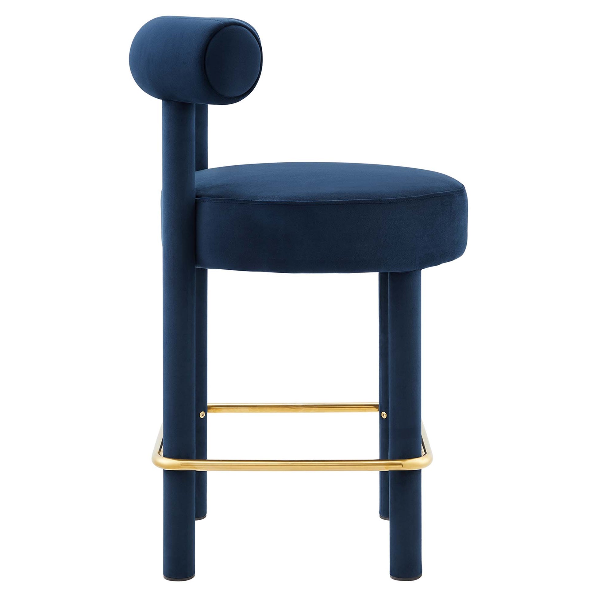 Gold velvet counter stools set of 2 with round seats, cylindrical backrests, and gold metal footrests.