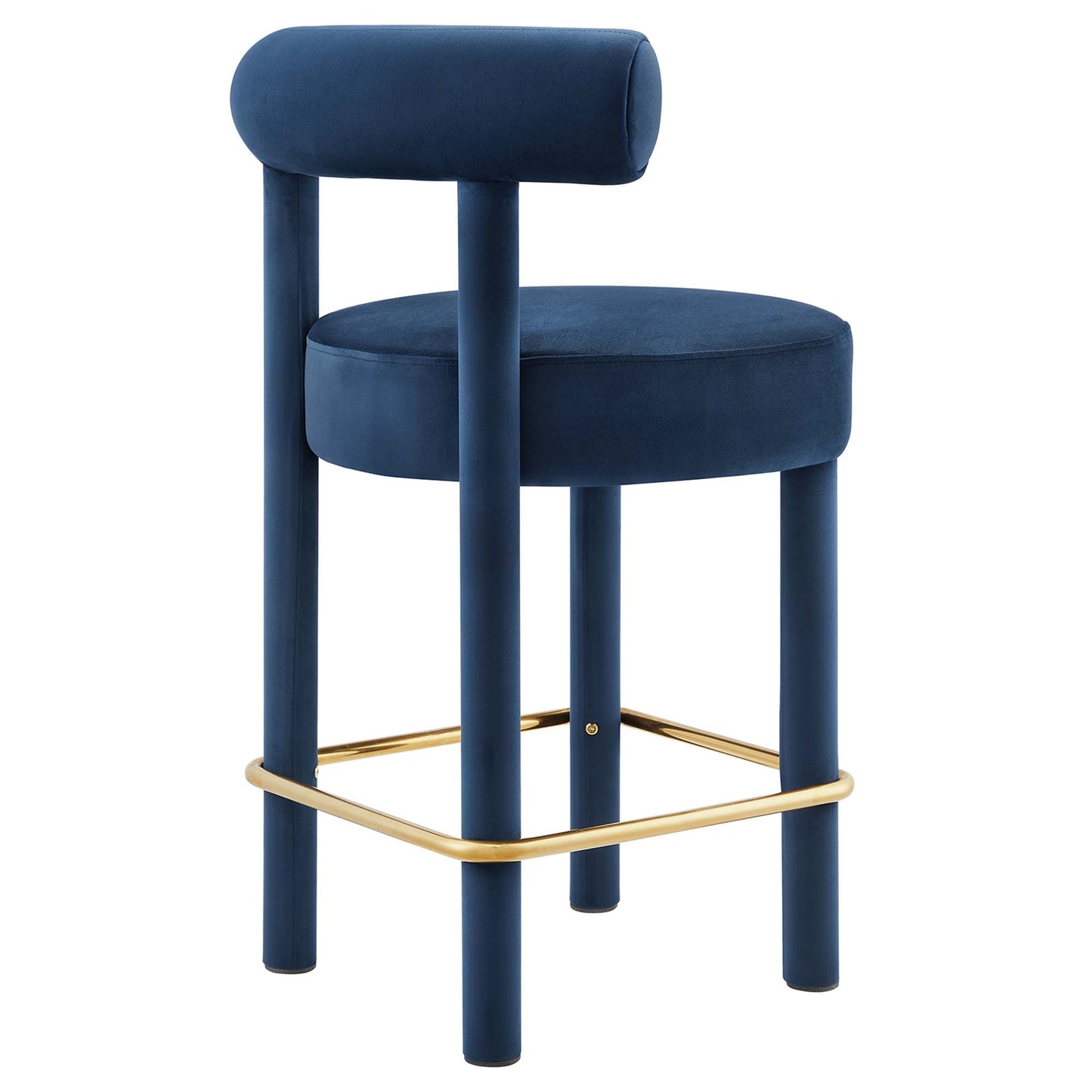 Gold-tone counter stools with blue velvet round seats, small backrest cushions, cylindrical legs, and gold footrests; set of 2.