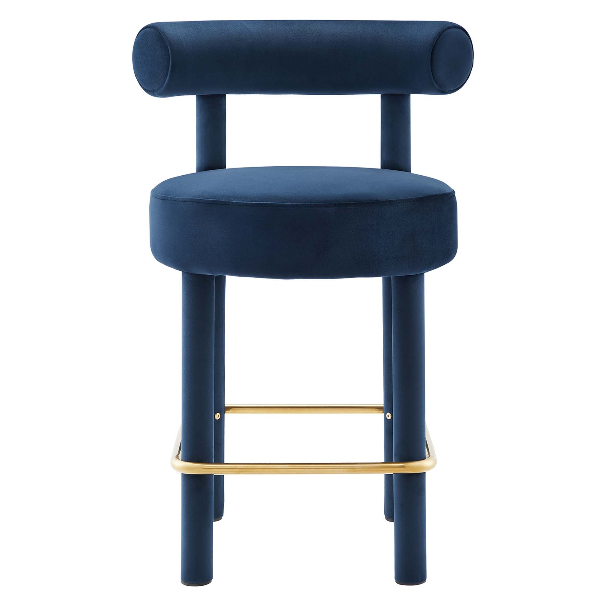 Blue velvet counter stools with round padded seats, cylindrical backrests, and gold-tone footrests (set of 2).