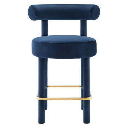 Blue velvet counter stools with round padded seats, cylindrical backrests, and gold-tone footrests (set of 2).