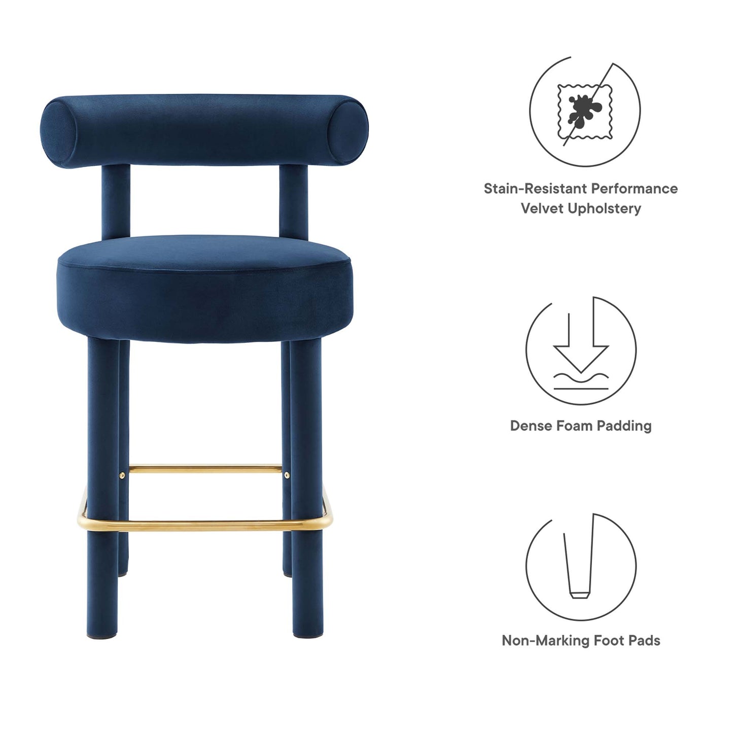 Gold velvet counter stool with round cushioned seat, cylindrical backrest, slim gold legs, and gold footrest.