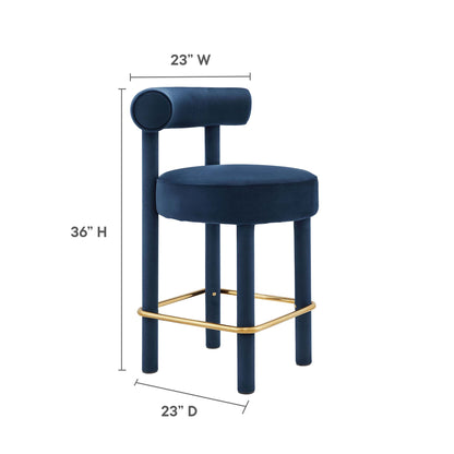Pair of gold velvet counter stools with round padded seats, cylindrical backrests, and gold footrests in a modern mid-century style.