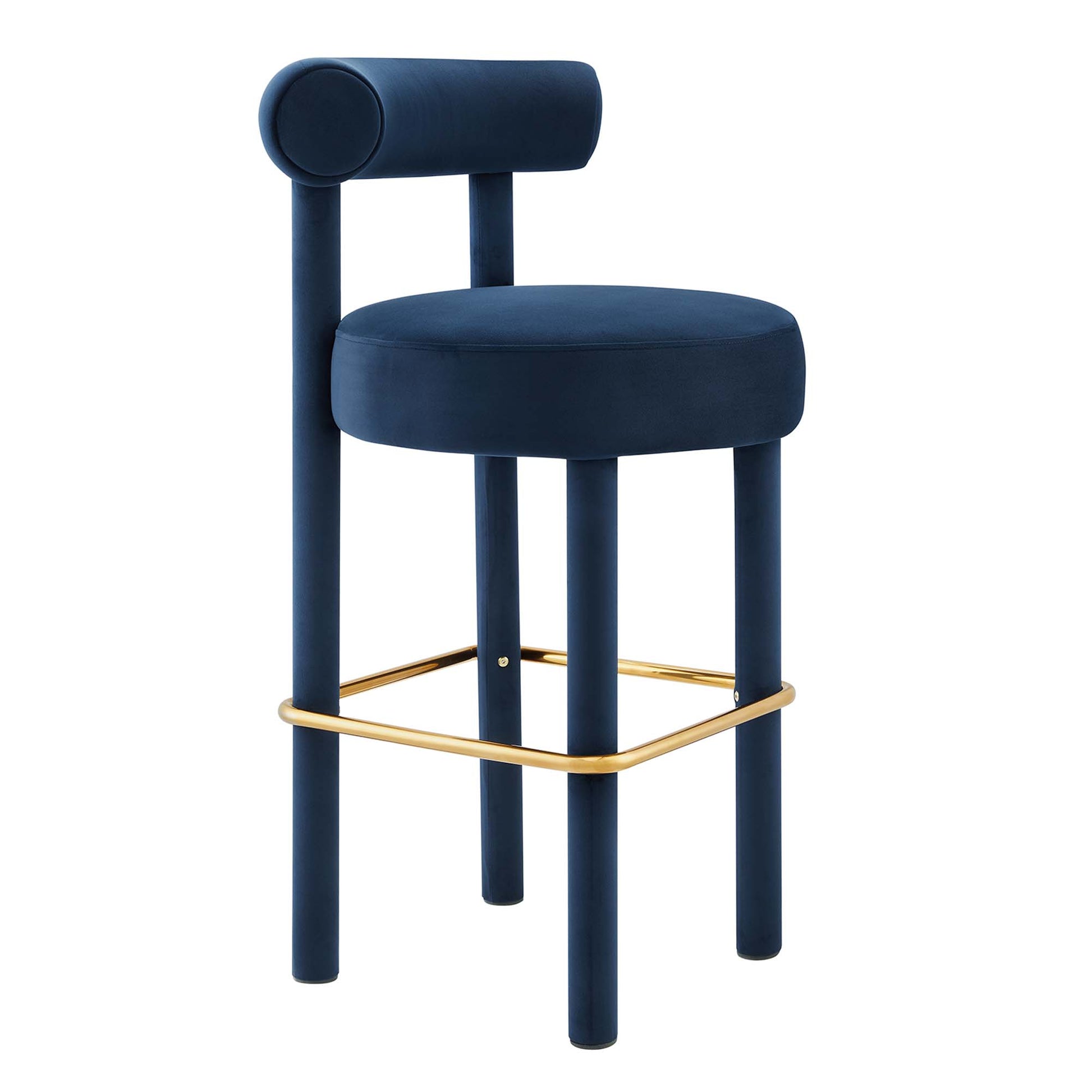 Pair of navy blue velvet bar stools with round seats, cylindrical backrests, four legs and gold foot rails.