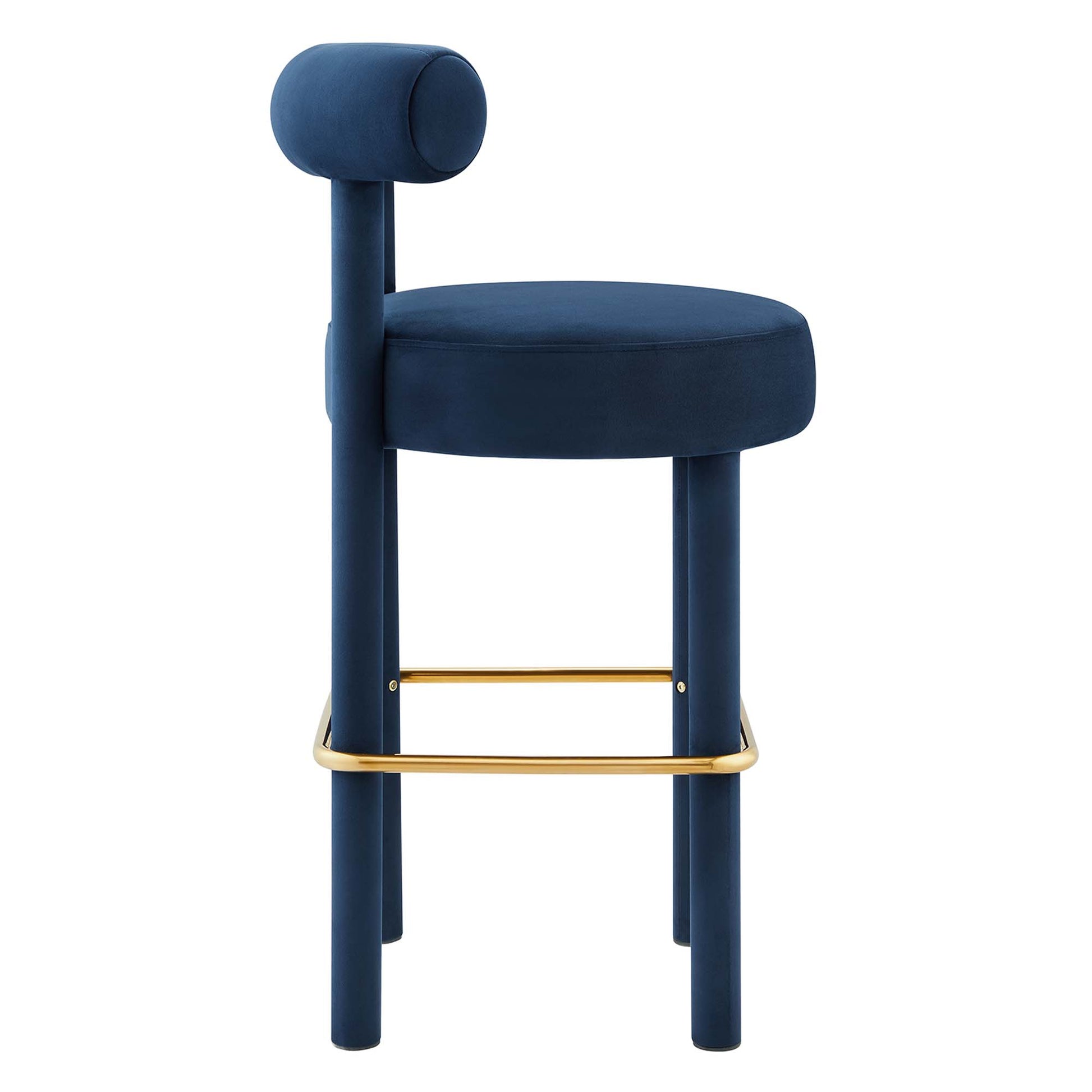 Gold velvet bar stools with rounded seats, cylindrical backrests, slim legs, and gold footrests; set of 2.