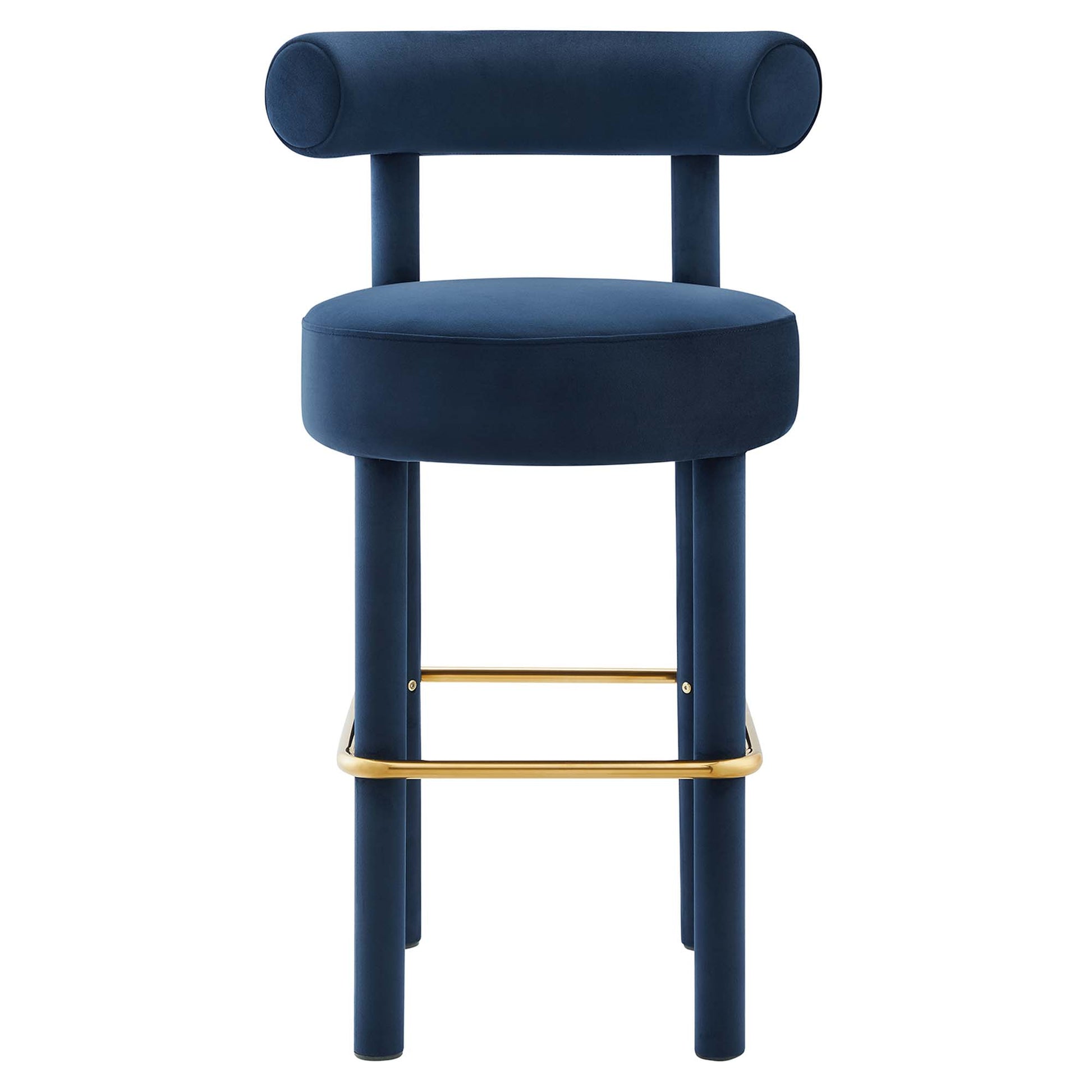 Blue velvet bar stool with round cushioned seat, cylindrical backrest, four velvet legs, and gold metal footrest.