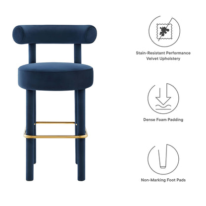 Blue velvet bar stools (set of 2) with stain-resistant upholstery, dense foam padding, gold footrests, and non-marking feet.