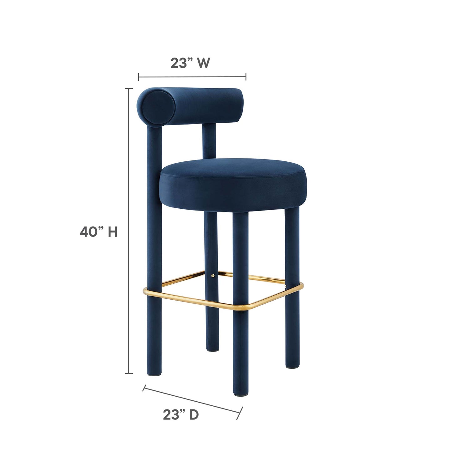 Gold velvet round-seat bar stool with cylindrical backrest, four legs, and a gold-tone footrest; set of 2, mid-century modern style.