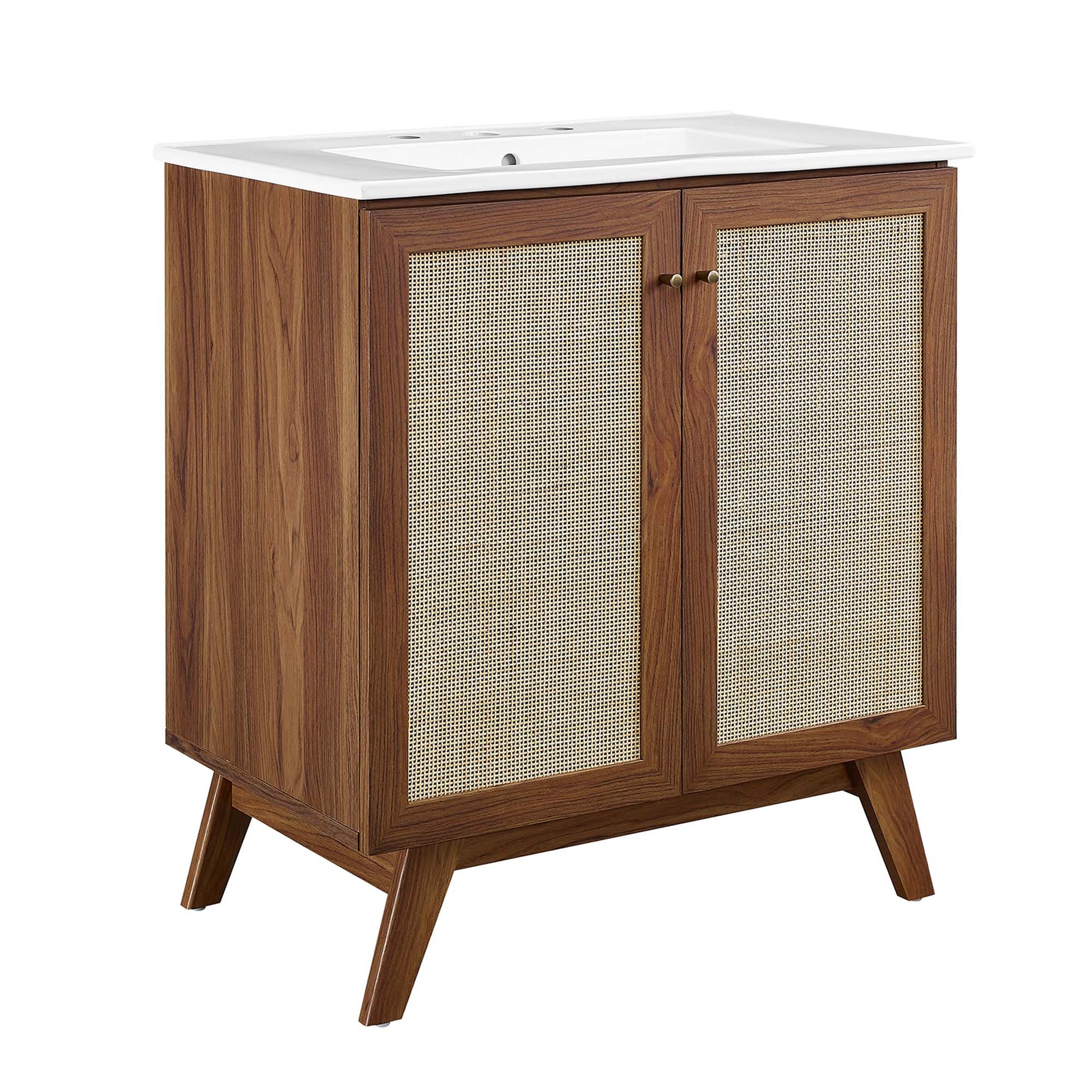 Walnut wood bathroom vanity with white top and two cane panel doors, brass knobs, mid-century modern with angled legs.