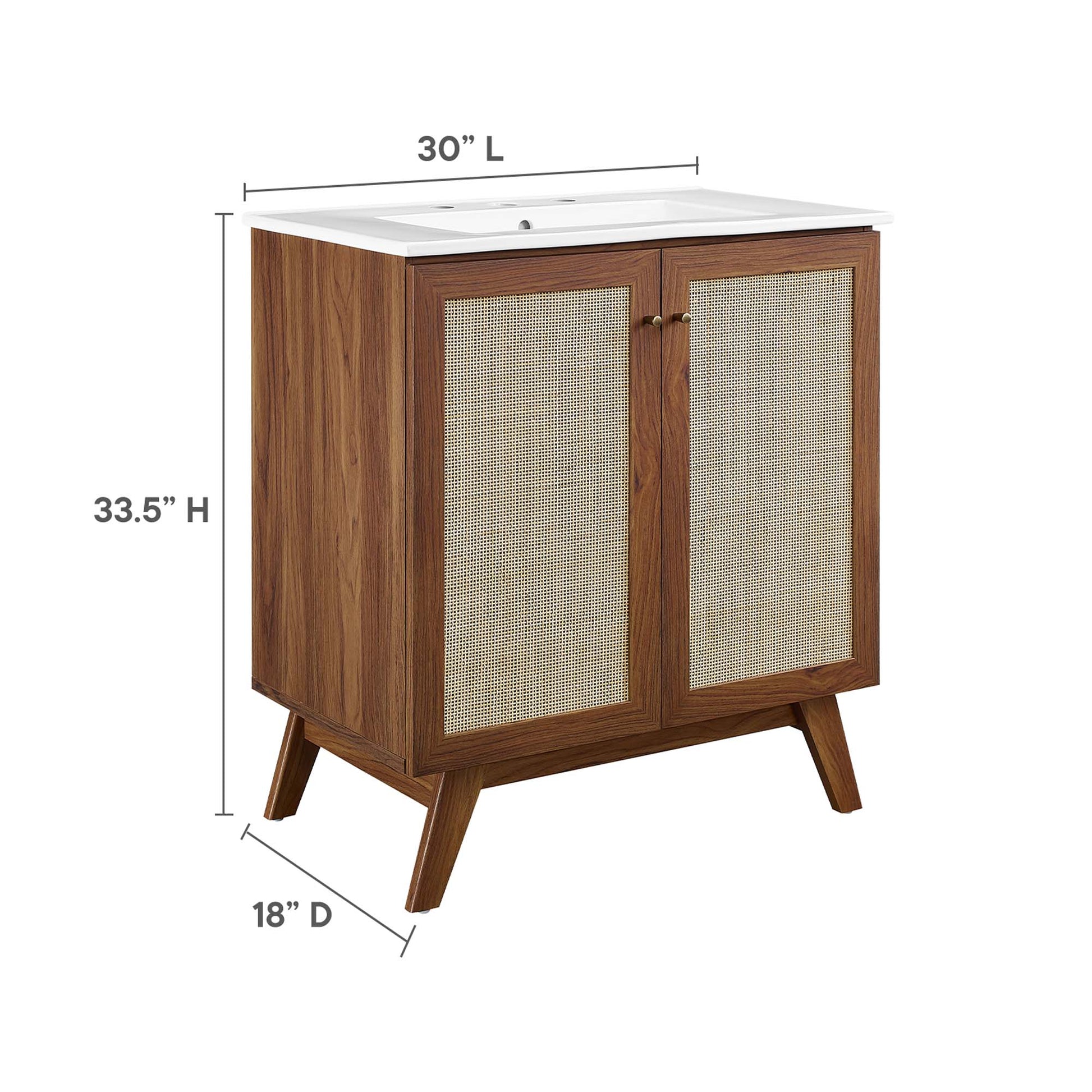Walnut-finish bathroom vanity with white top, two woven rattan doors, angled mid-century legs, 30in L x 33.5in H.