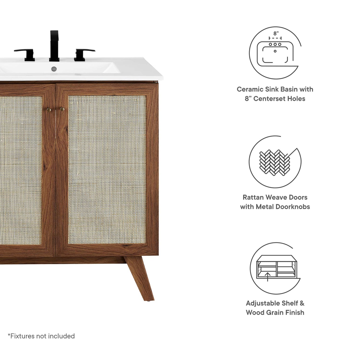 Walnut finish bathroom vanity with white ceramic sink, rattan-weave doors, metal knobs, and adjustable shelf.