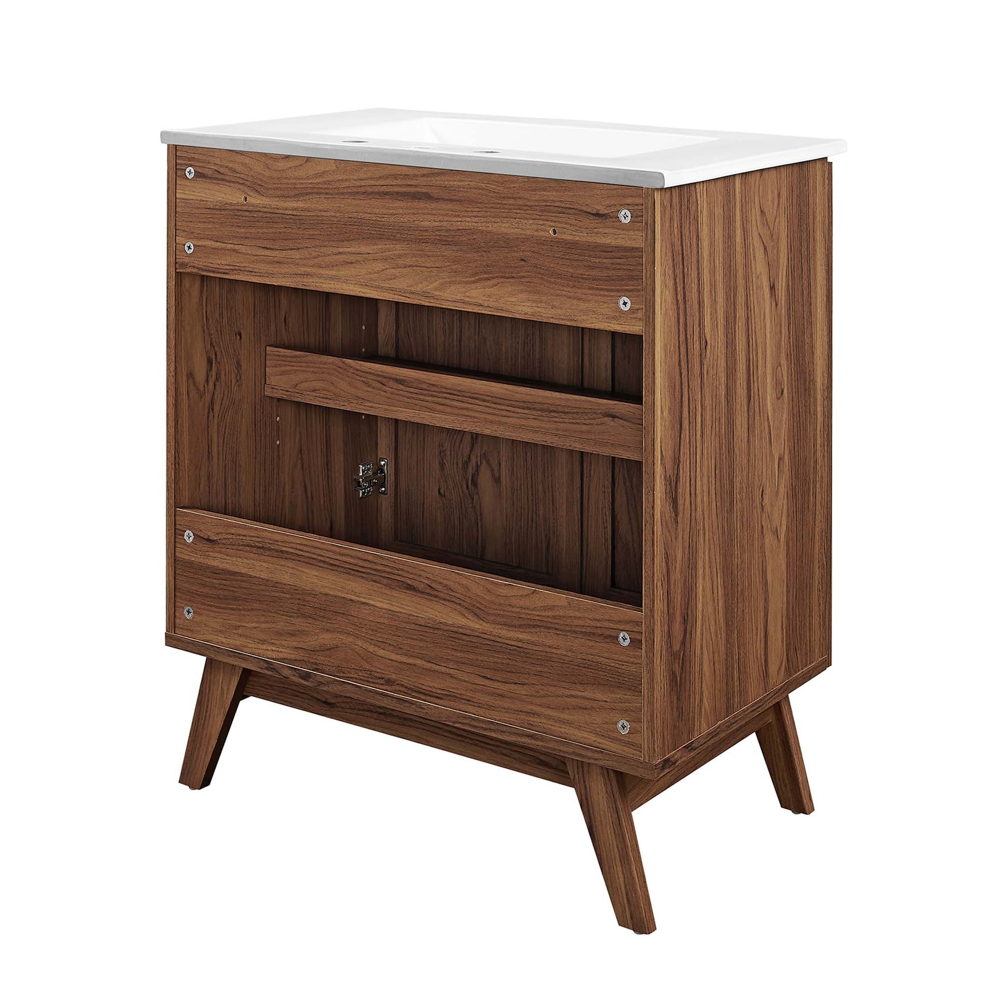 Walnut-finish bathroom vanity with white ceramic sink top, open shelf and drawer, mid-century angled legs.