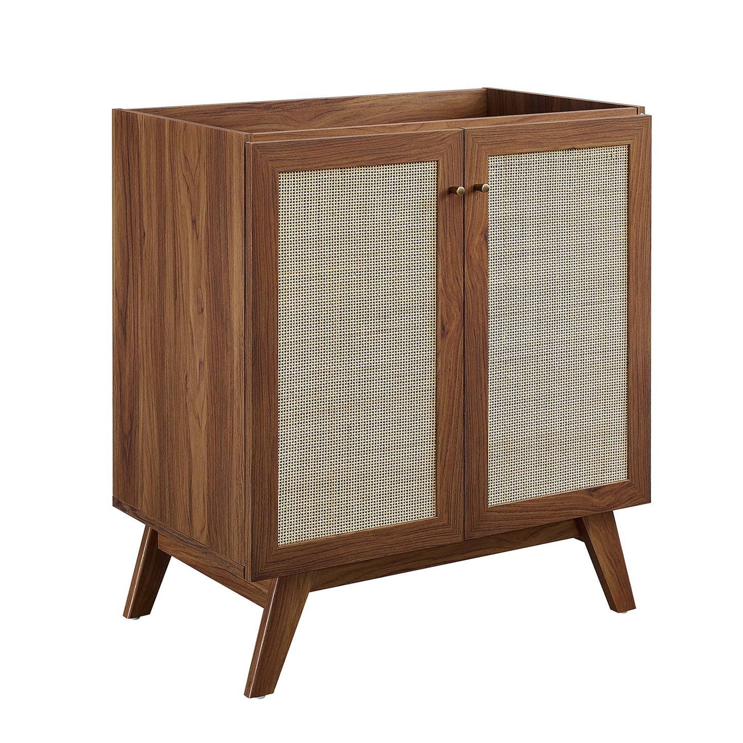 Walnut wood bathroom vanity with two cane-panel doors, mid-century style, angled legs, open top storage