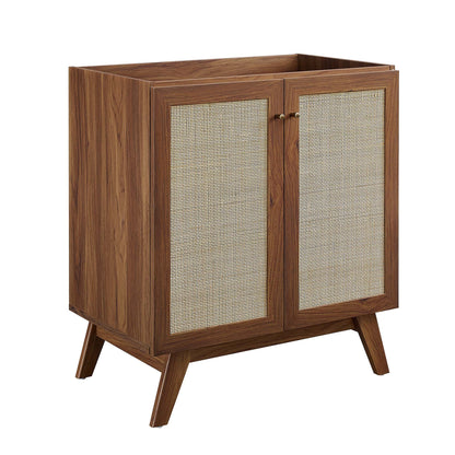Walnut wood bathroom vanity with two cane-panel doors, mid-century style, angled legs, open top storage