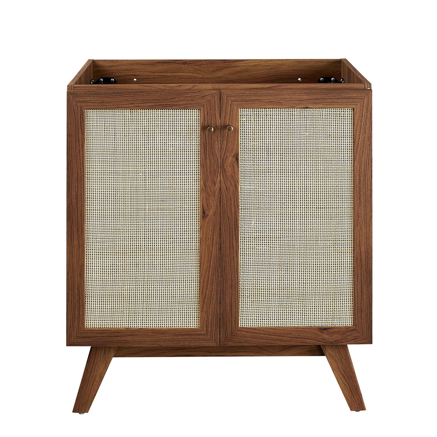 Walnut wood bathroom vanity with two cane-panel doors, mid-century legs, warm brown finish, compact storage.