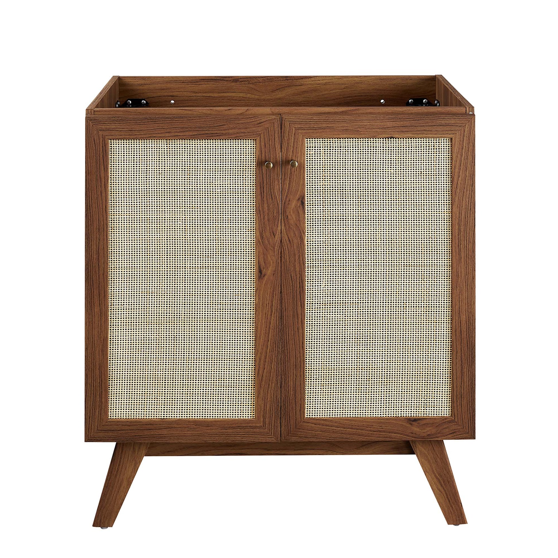 Walnut wood bathroom vanity with two cane-panel doors, mid-century legs, warm brown finish, compact storage.