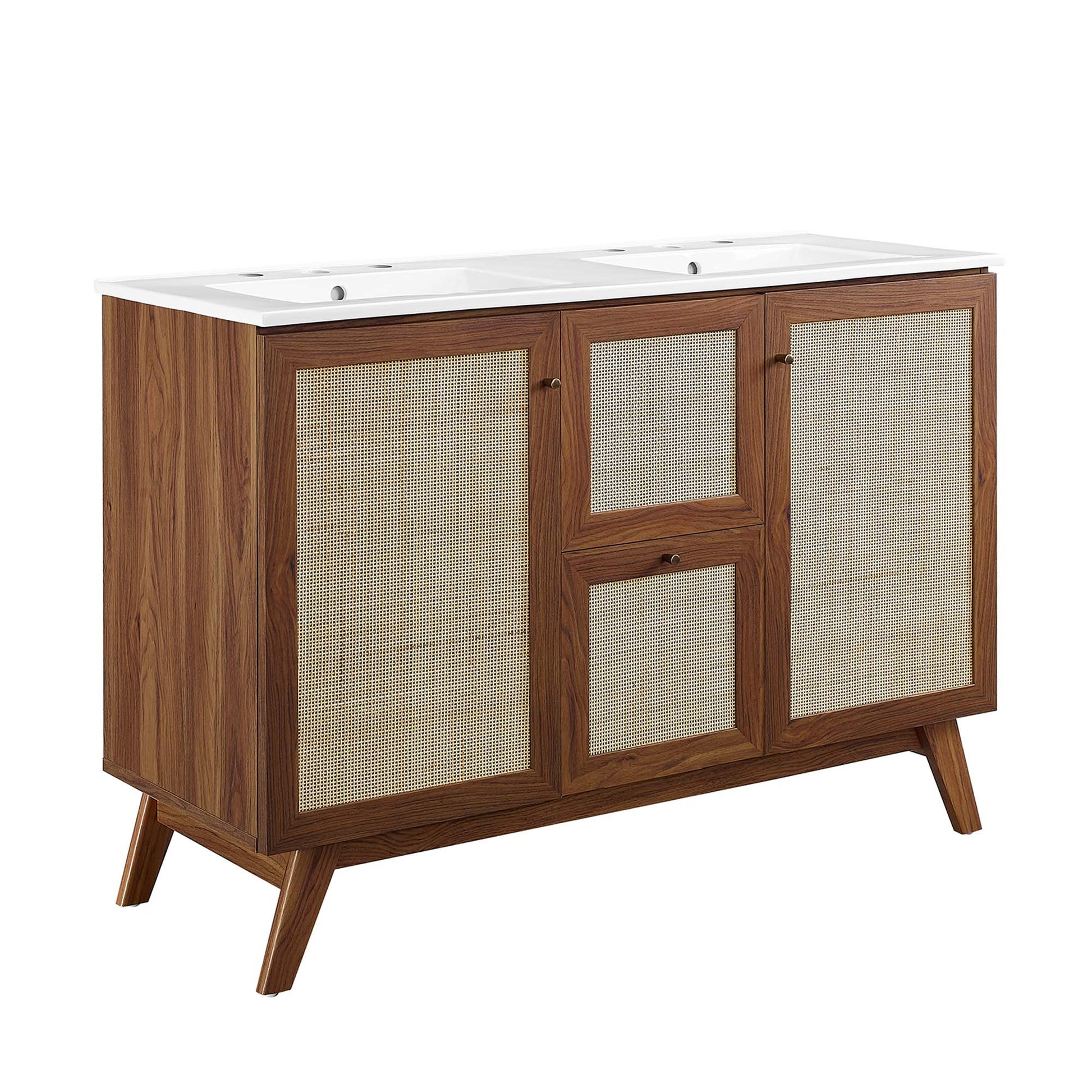 Walnut veneer bathroom vanity with white top, double sinks, and angled mid-century legs.