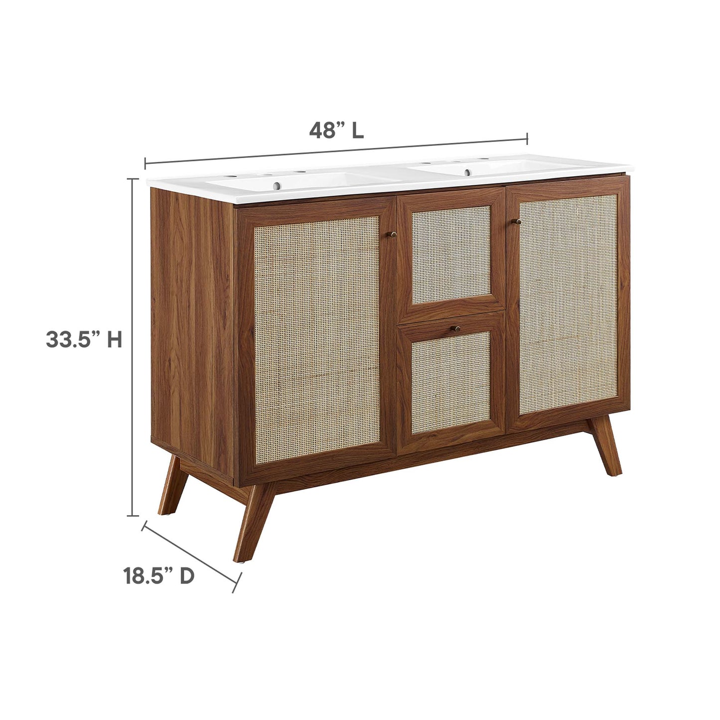 Walnut double-sink bathroom vanity with white countertop, cabinet doors and center drawers, 48in L.
