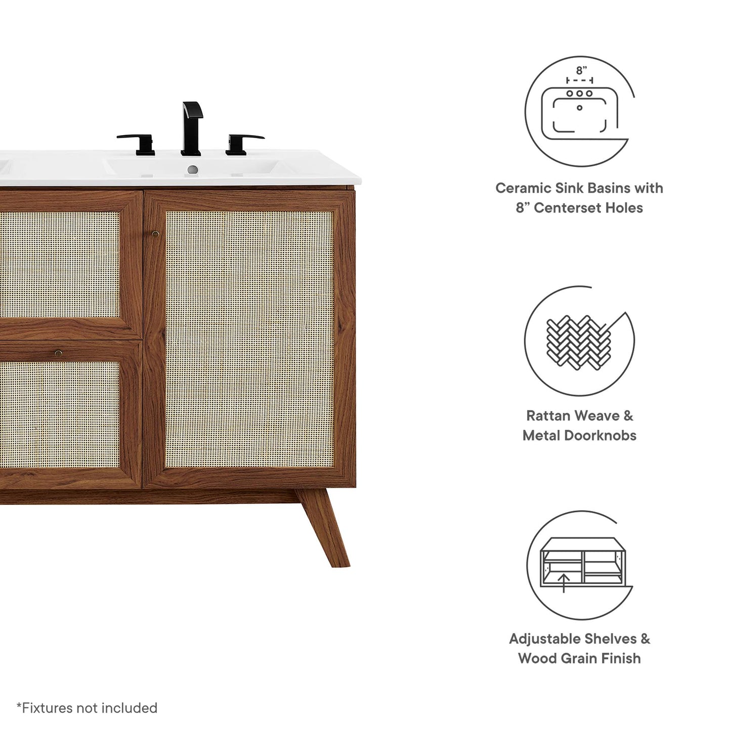 Walnut wood double-sink bathroom vanity with white ceramic sinks, black faucet, rattan weave & metal knobs, adjustable shelves.