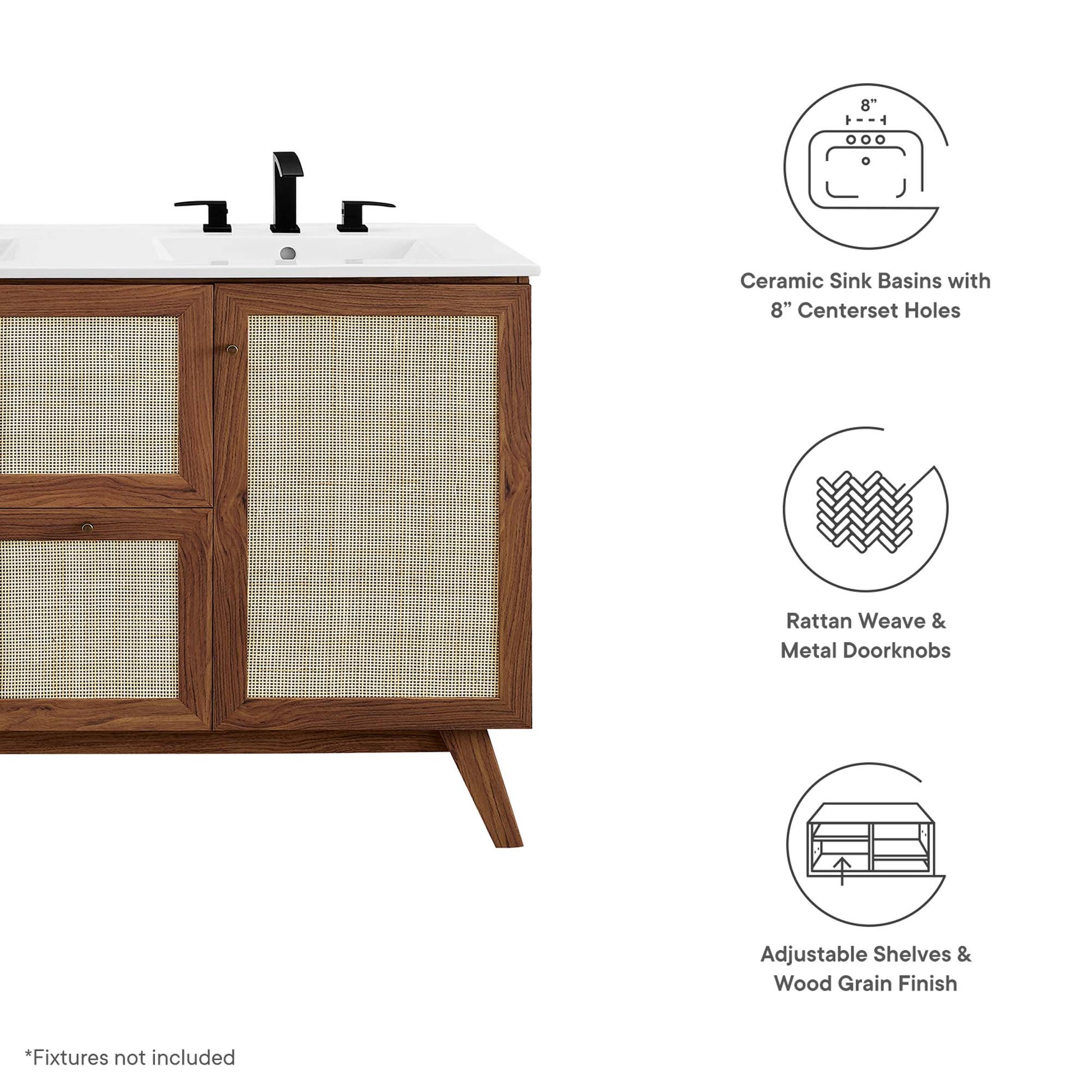 Walnut wood double-sink bathroom vanity with white ceramic sinks, black faucet, rattan weave & metal knobs, adjustable shelves.