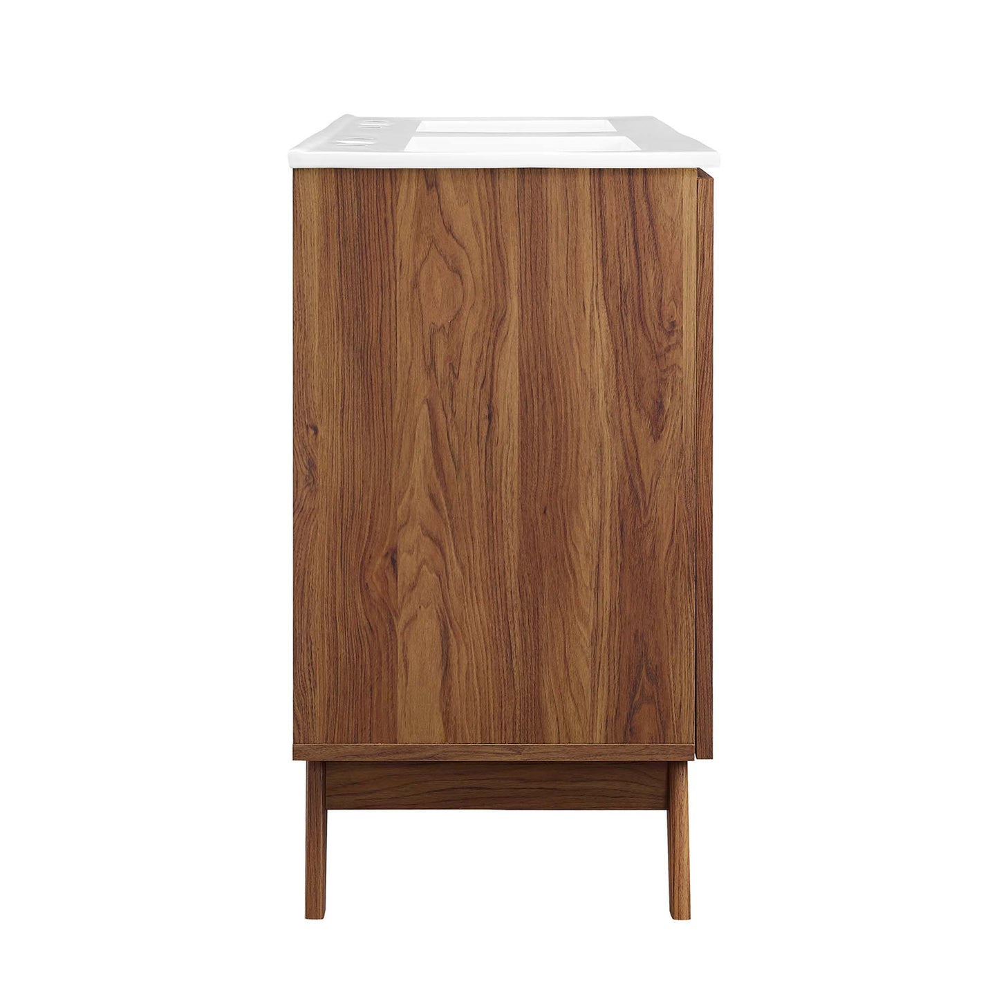 Walnut wood veneer bathroom vanity with white countertop, mid-century modern storage on tapered legs.