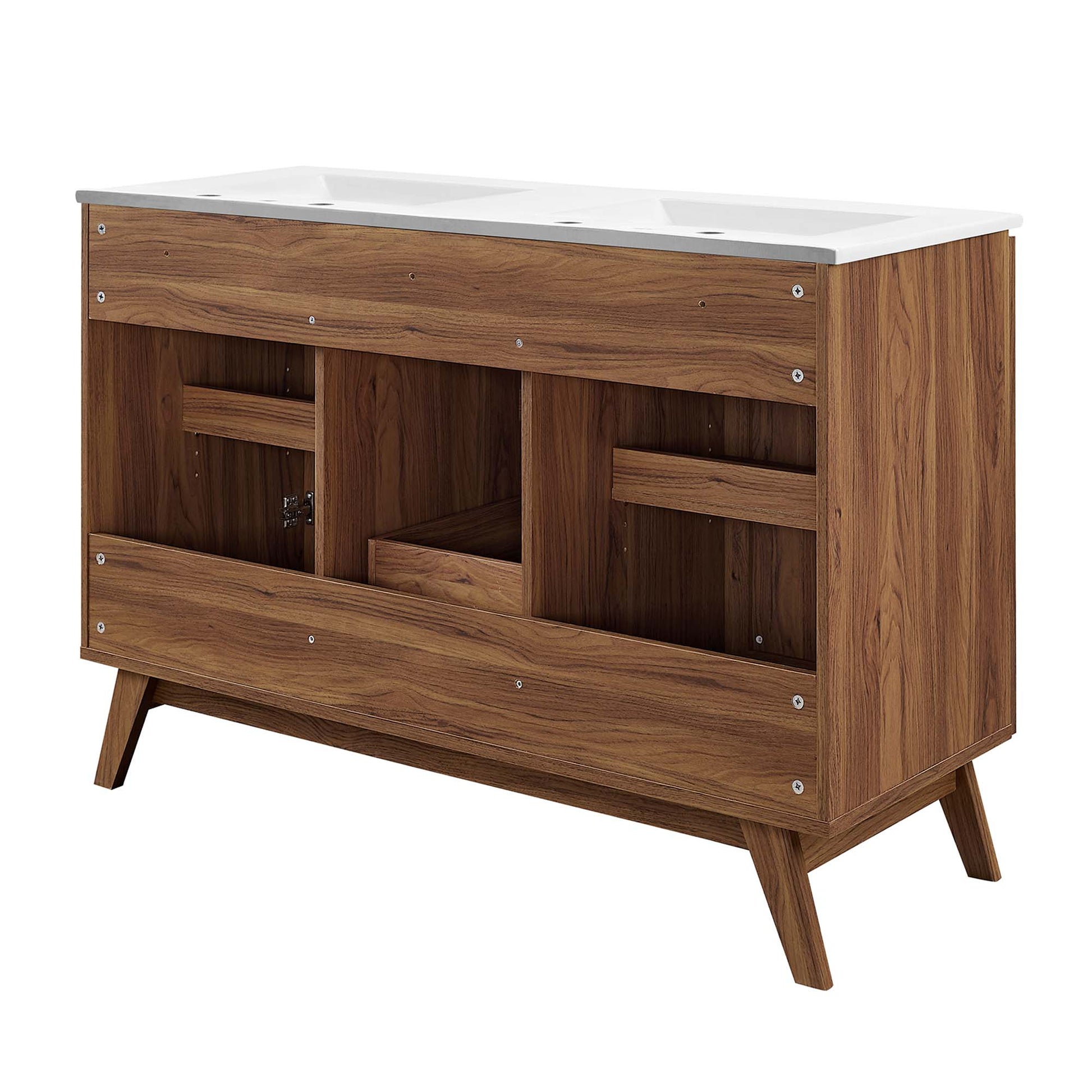 Walnut wood bathroom vanity with white dual-basin top, open cubby storage, and angled legs.