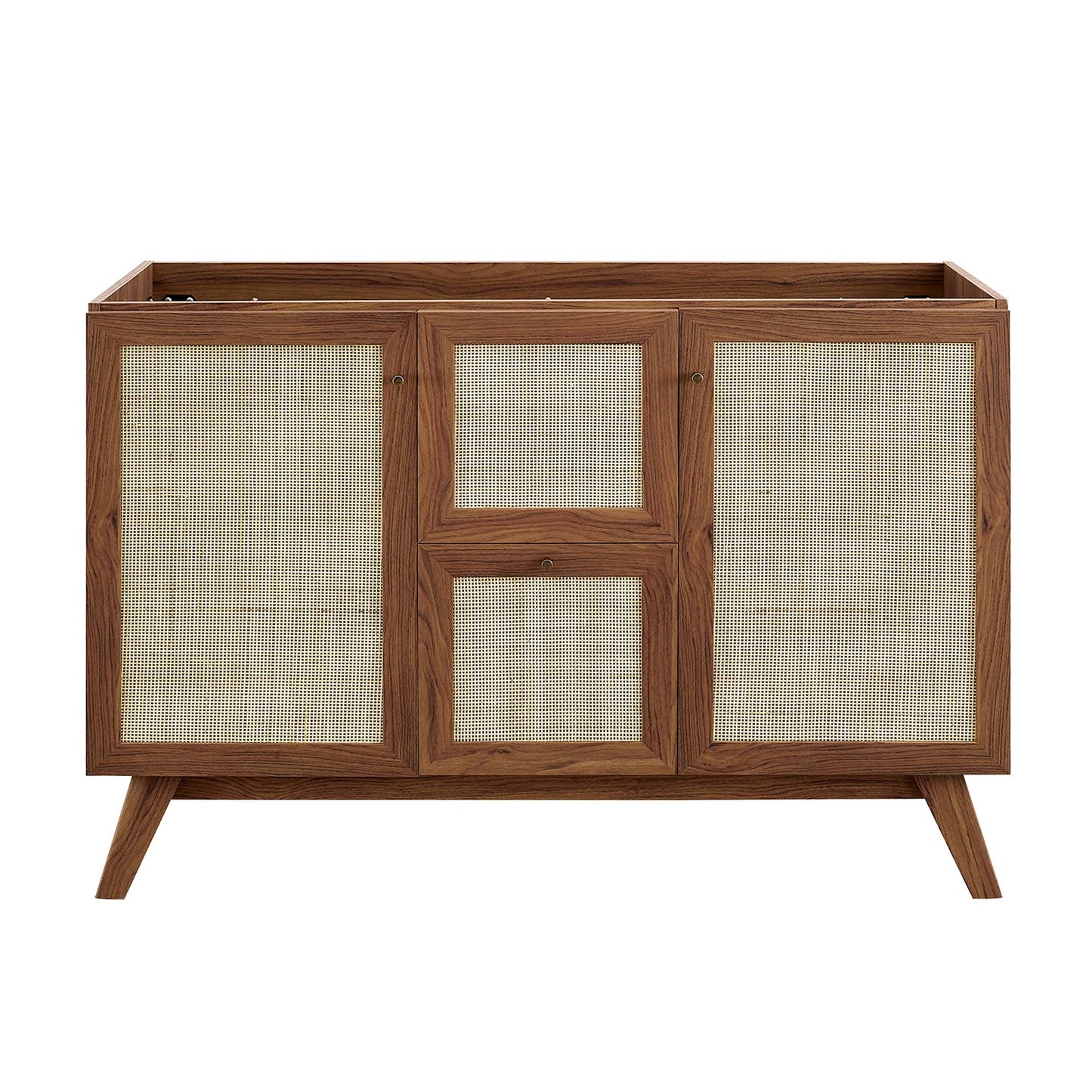 Walnut double-sink bathroom vanity with cane-panel doors; two outer doors and a stacked center pair on splayed legs.