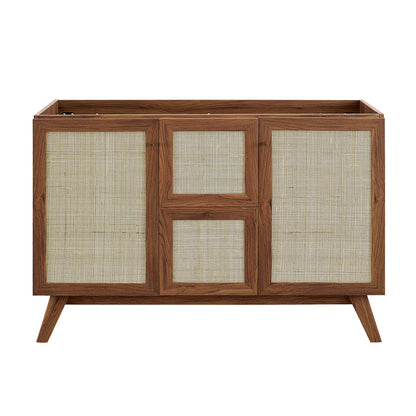 Walnut double-sink bathroom vanity with cane-panel doors; two outer doors and a stacked center pair on splayed legs.