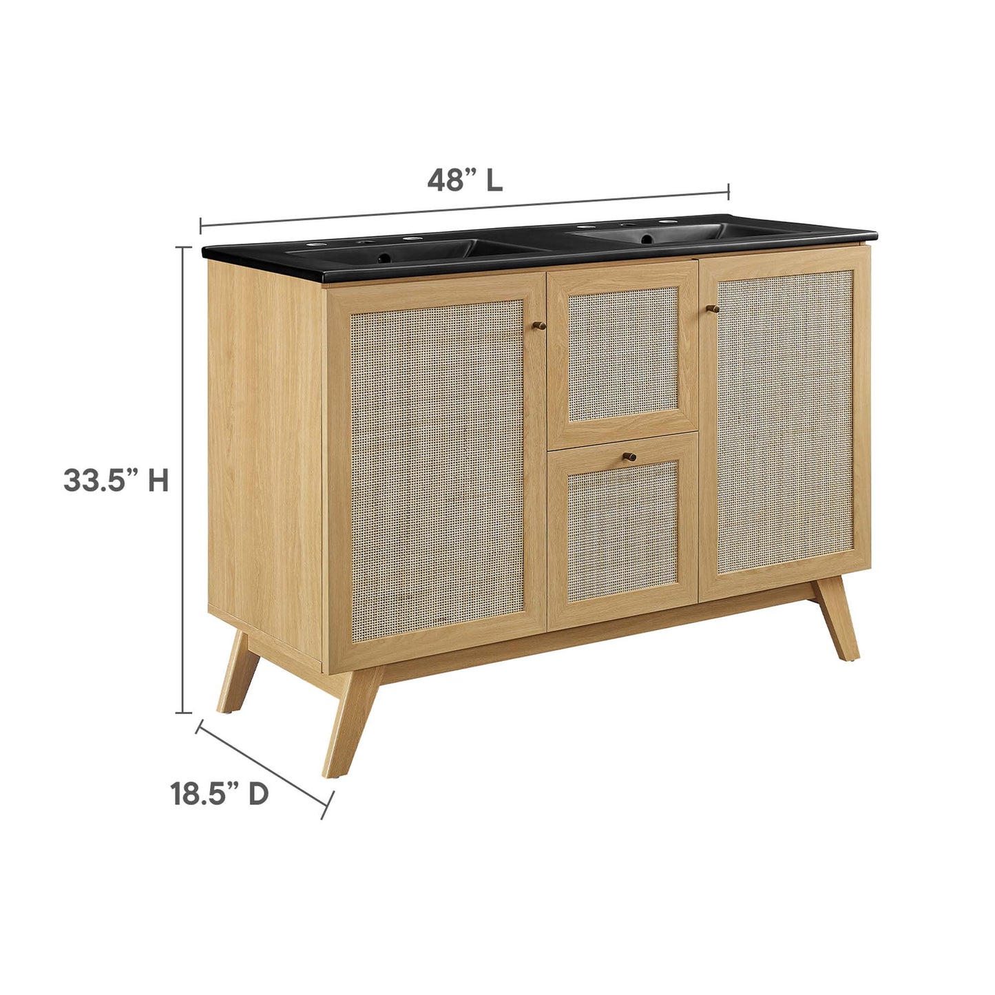Oak bathroom vanity with black countertop, double sink configuration, two central drawers, outer doors, angled mid-century legs; 48Lx33.5Hx18.5D.
