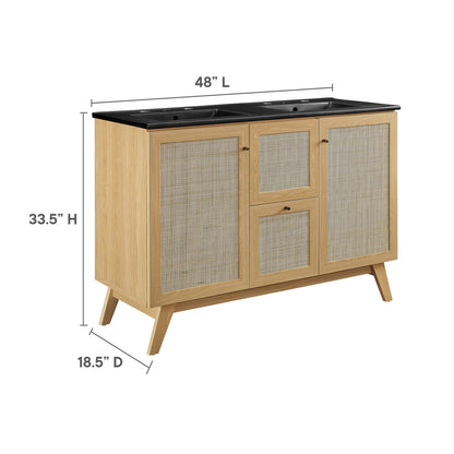 Oak bathroom vanity with black countertop, double sink configuration, two central drawers, outer doors, angled mid-century legs; 48Lx33.5Hx18.5D.