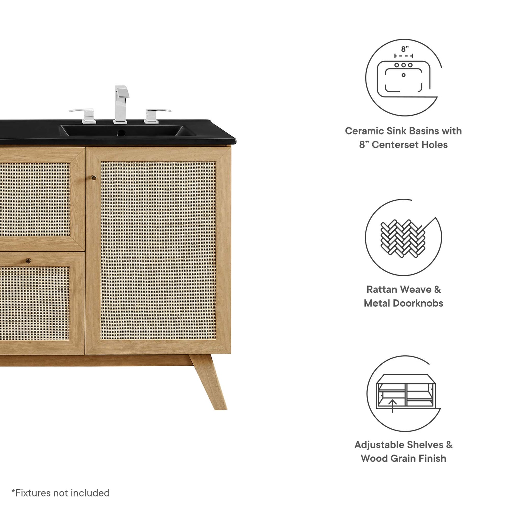Oak bathroom vanity with black top & two ceramic sinks, featuring rattan weave cabinet doors & angled legs.