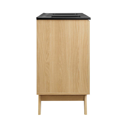 Oak wood cabinet with black top, slim rectangular vanity-style storage on short legs.