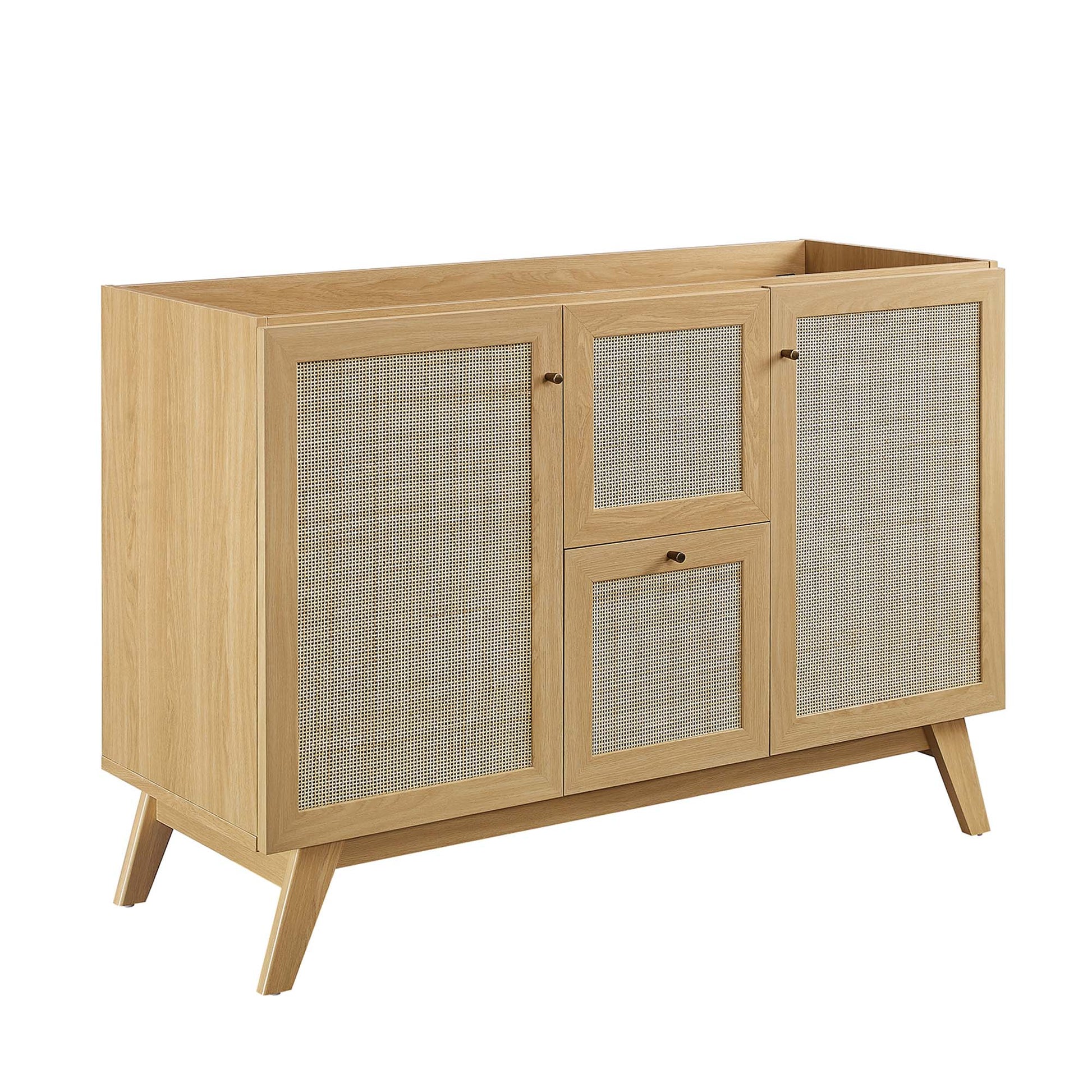 Brown oak bathroom vanity with three doors and a central drawer.