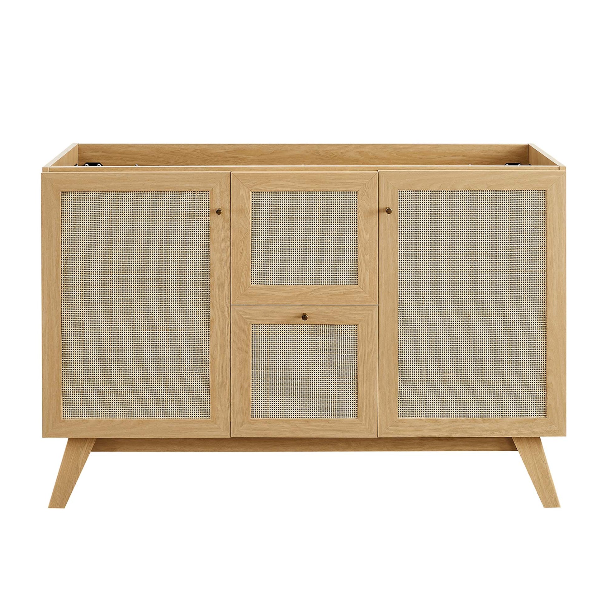 Oak bathroom vanity with double sink.