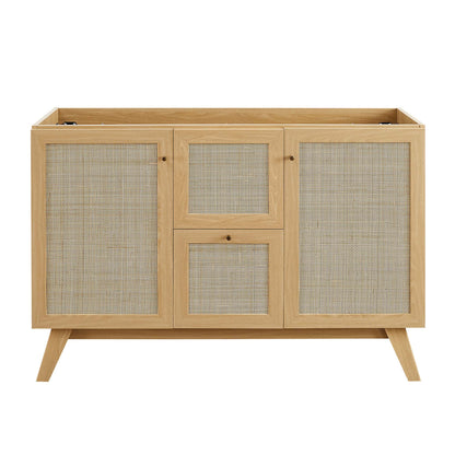 Oak bathroom vanity with double sink.