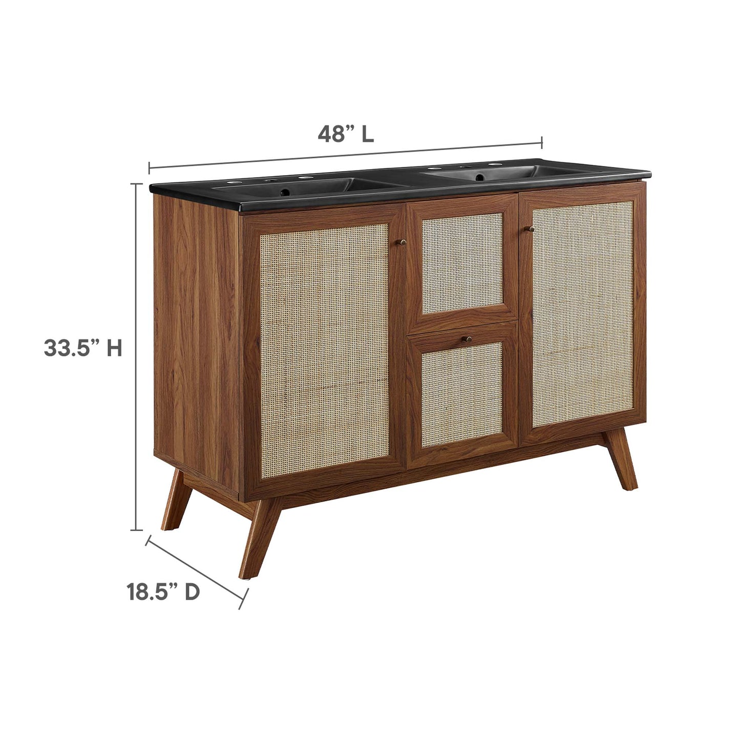 Walnut-finish bathroom vanity with black countertop, double sinks, two center drawers, cabinet doors, 48 in wide.