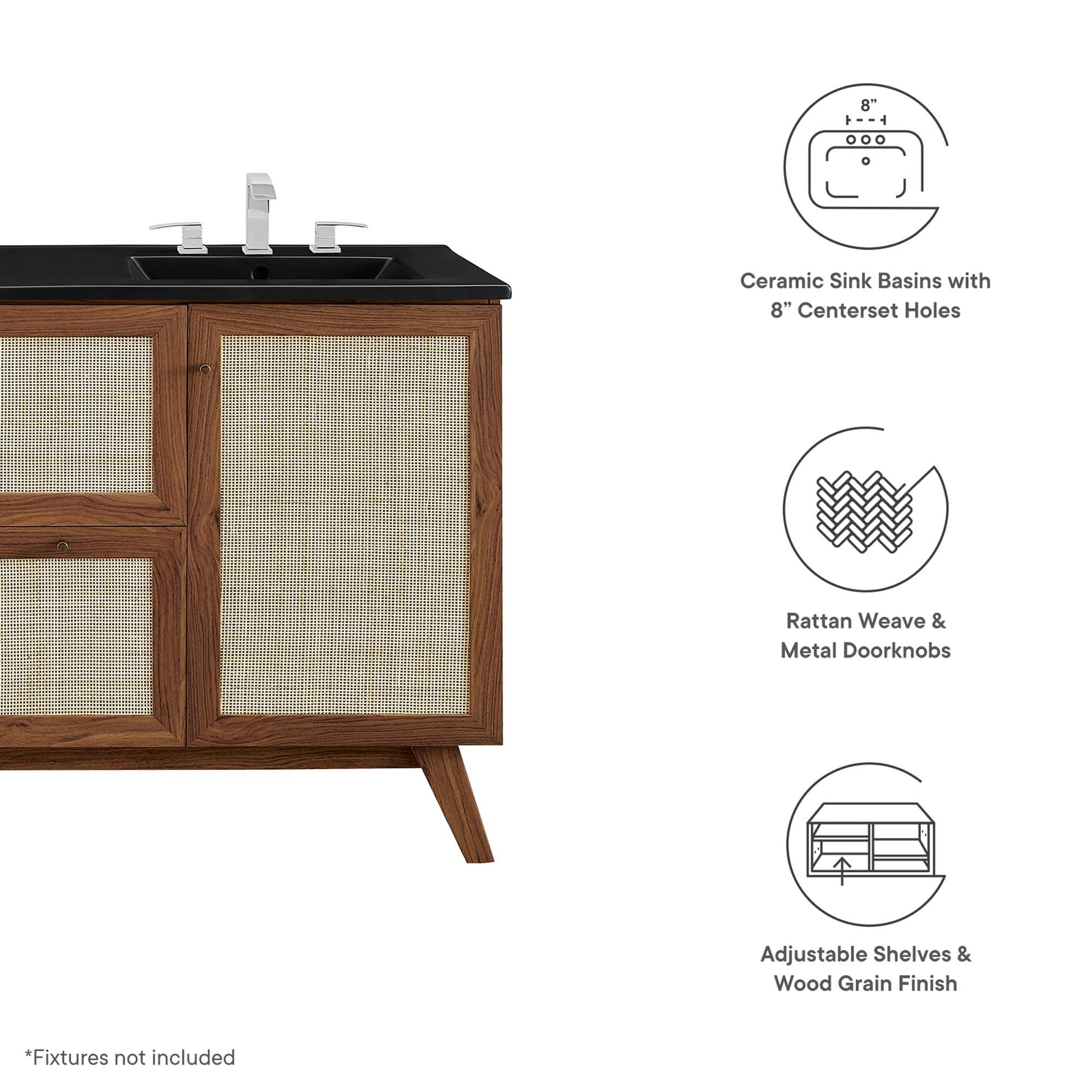 Walnut bathroom vanity with black countertop, ceramic sink, rattan weave door panels, tapered legs.