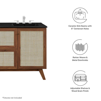 Walnut bathroom vanity with black countertop, ceramic sink, rattan weave door panels, tapered legs.