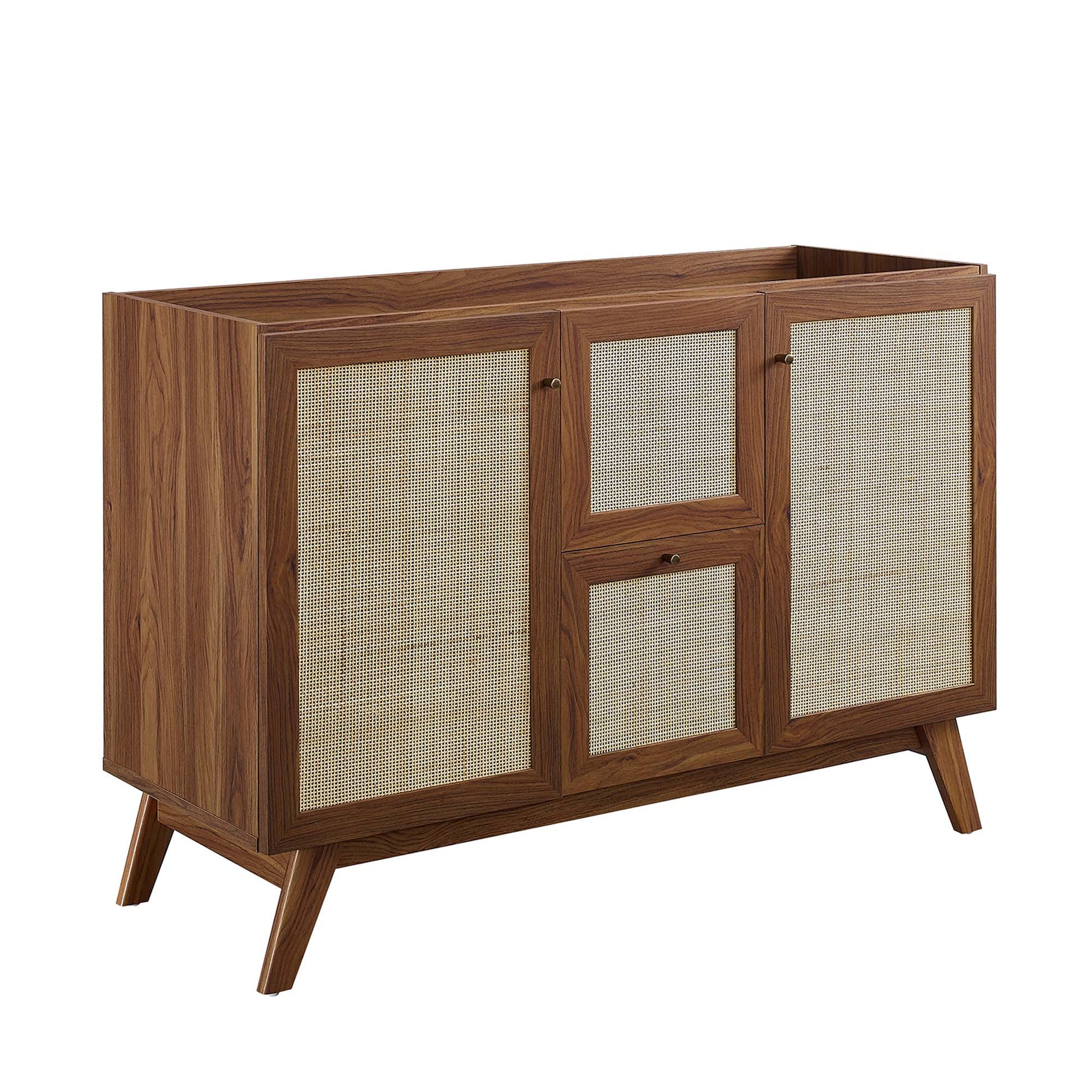 Walnut-toned double-sink bathroom vanity with cabinetry, drawers and dark knobs.