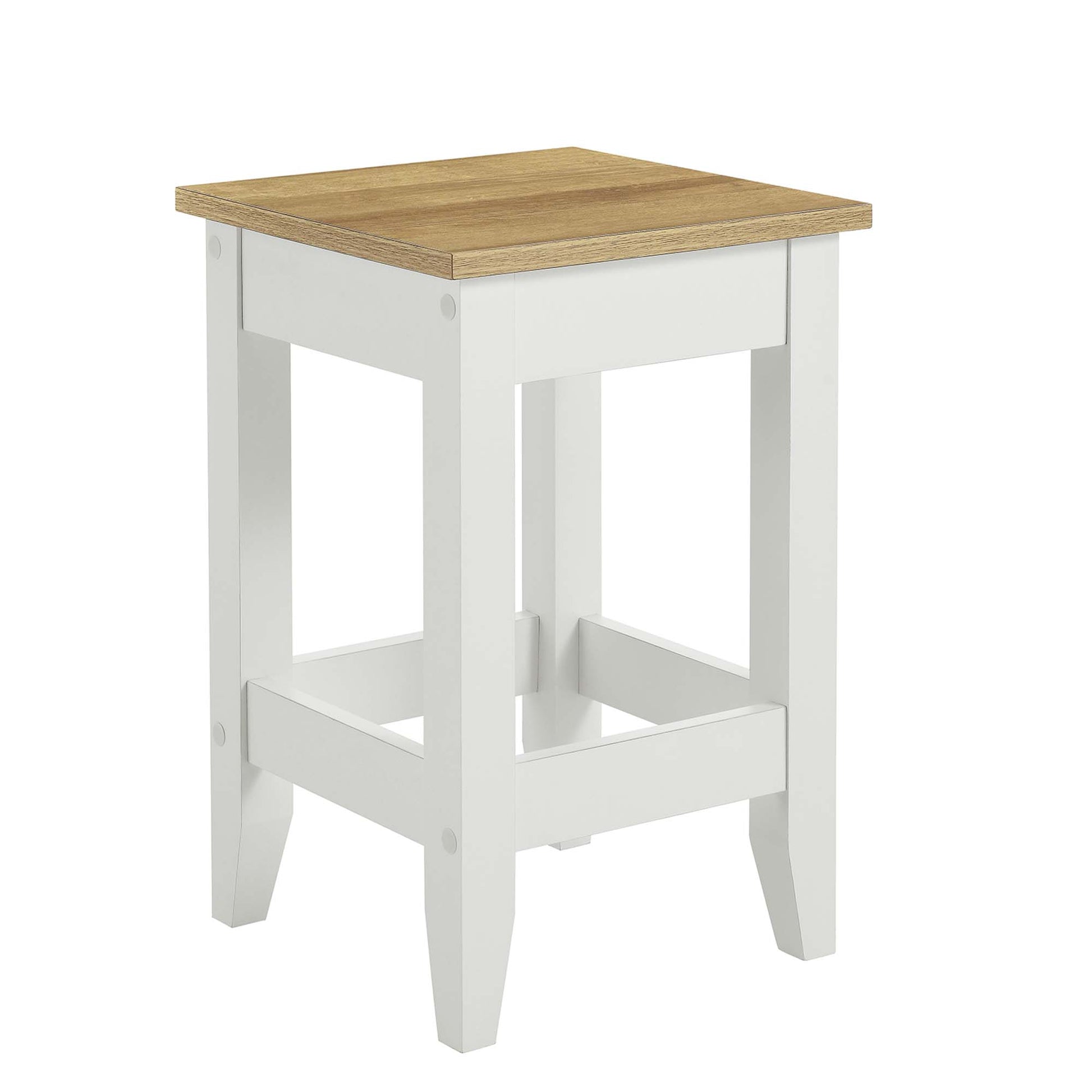White wooden stool with natural oak square top, four straight legs and lower crossbars; farmhouse style.