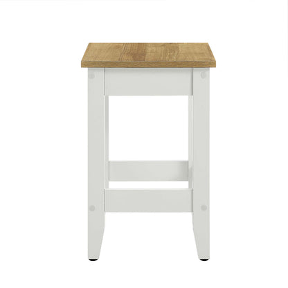 White bar stool with a natural oak seat, straight legs & a lower shelf.