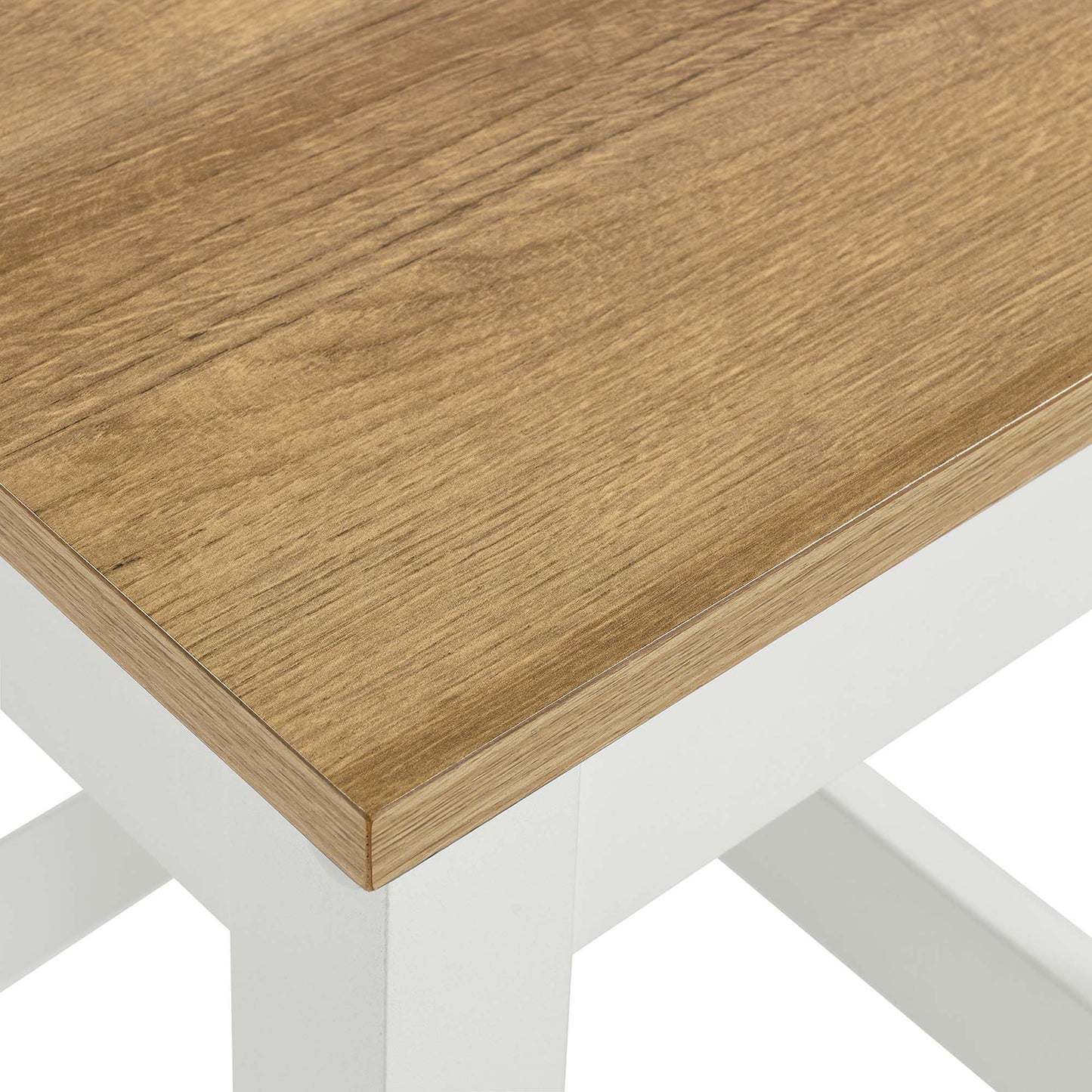 Oak-finish wooden seat with white frame, modern kitchen bar stool.